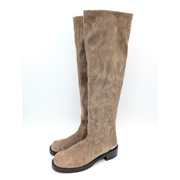 $389 Stuart Weitzman Mercer Bold Sw Logo Slouch Boots Women's Beige Size 7.5B - Picture 1 of 10